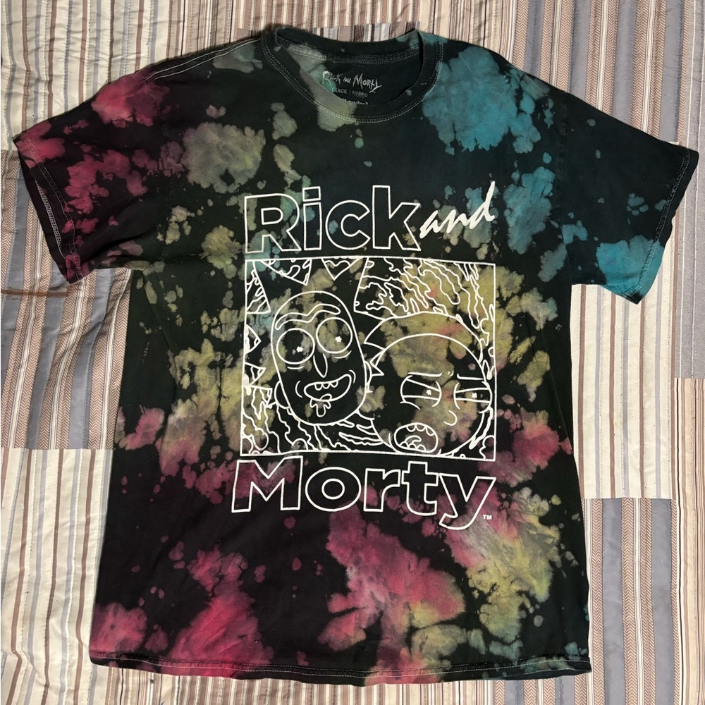 Multicolor tie dyed rick and morty graphic tee shirt
